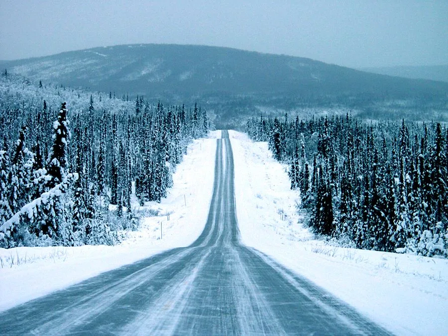 Alaska winter road with ice and snow