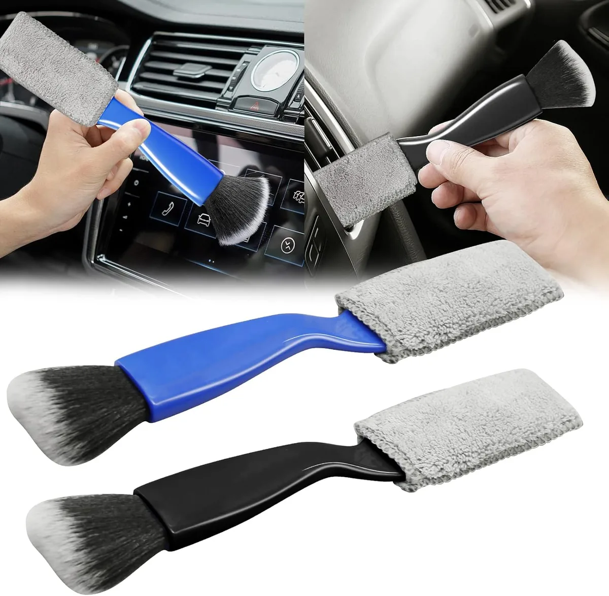 applying cleaner to car seat with brush