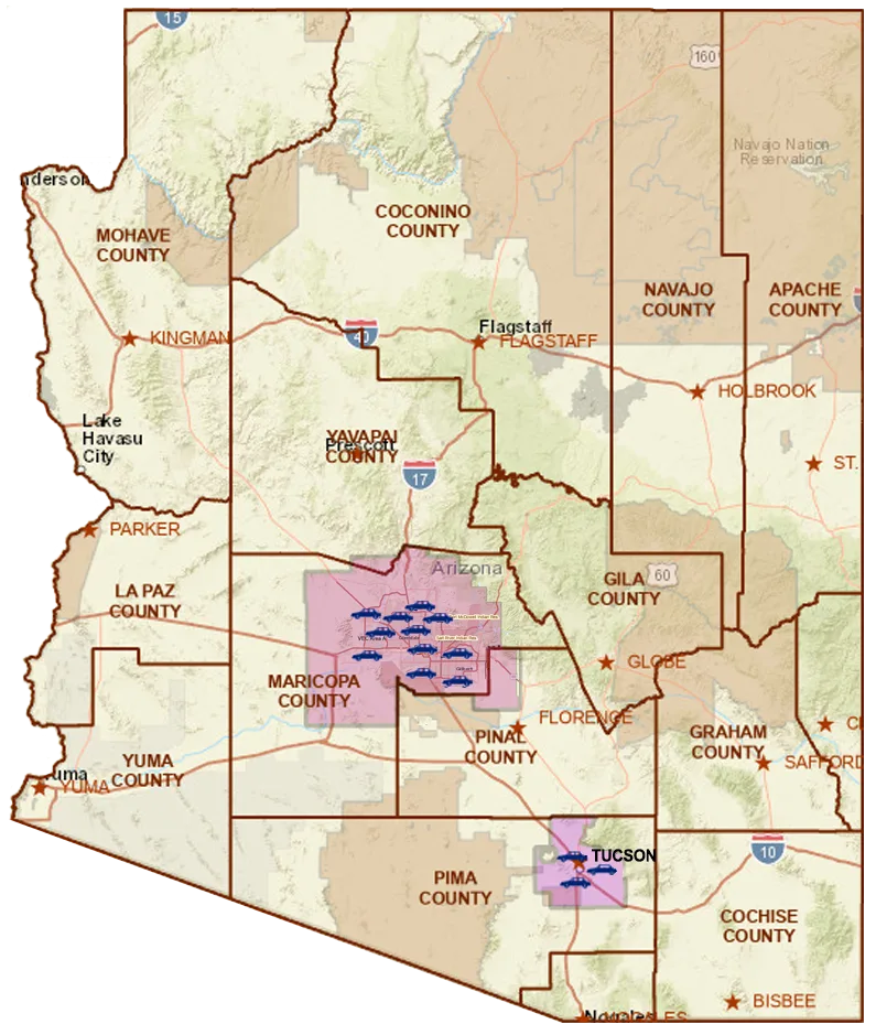 Arizona county emissions testing map