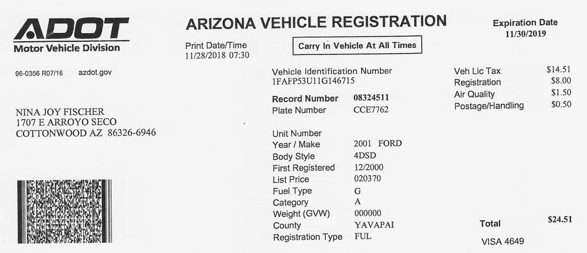 Arizona vehicle registration certificate