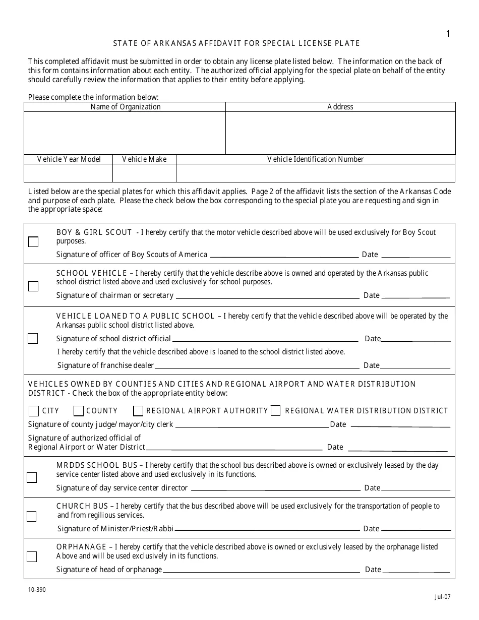 Arkansas application form 10-390