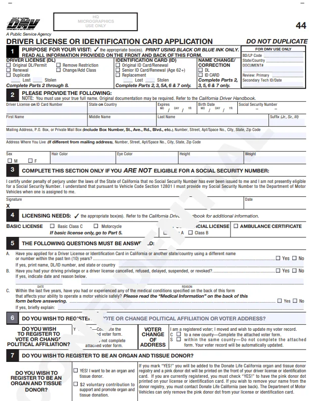 California DMV organ donor application form