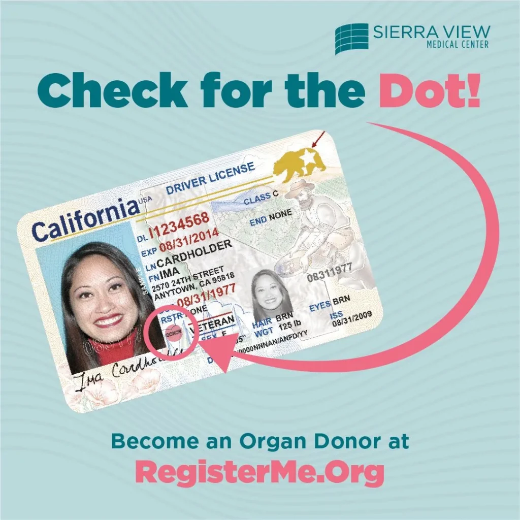California organ donor designation and pink dot on driver license