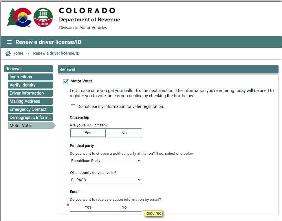 Colorado voter registration opt-out checkbox