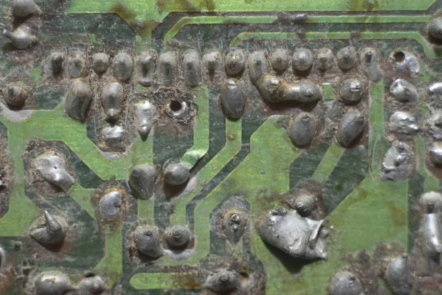 corrosion on circuit board under microscope