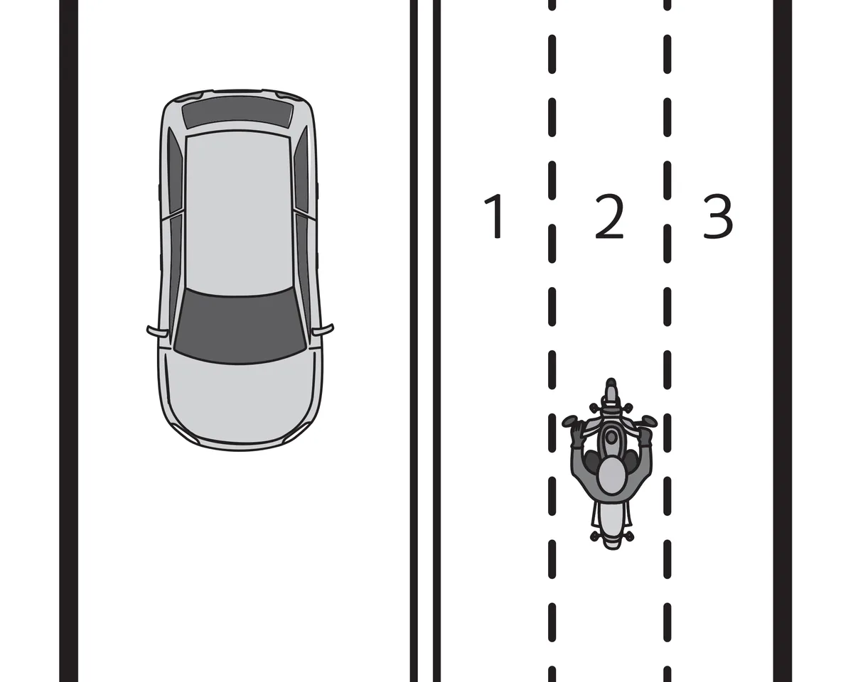 motorcycle correct lane position between cars