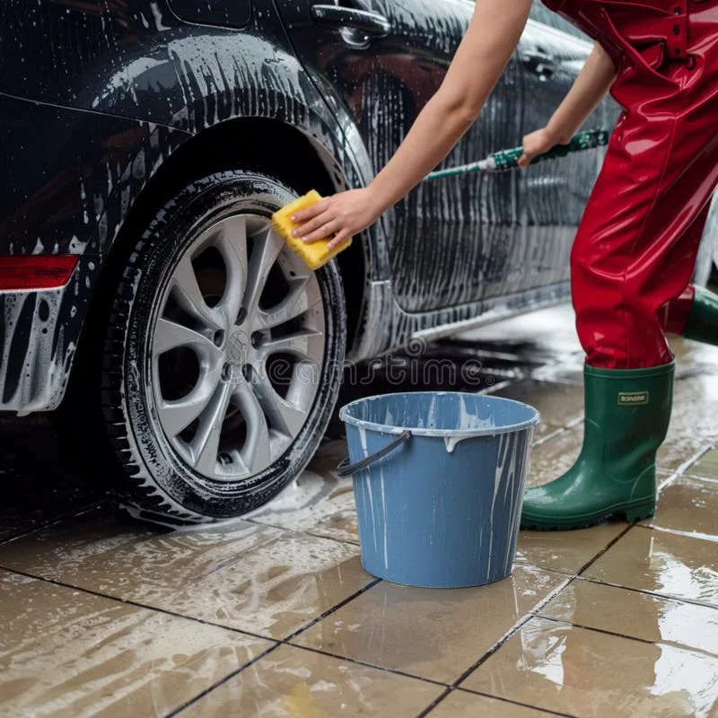 sand boots on wet car wash floor