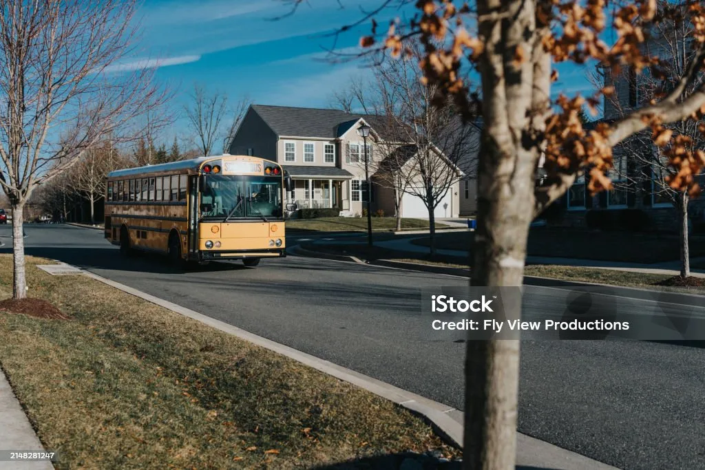 school bus on suburban residential street