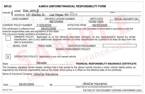 SR-22 certificate form