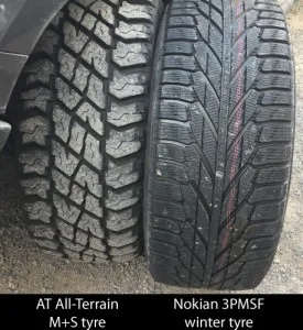 Three-Peak Mountain Snowflake vs M+S tire comparison
