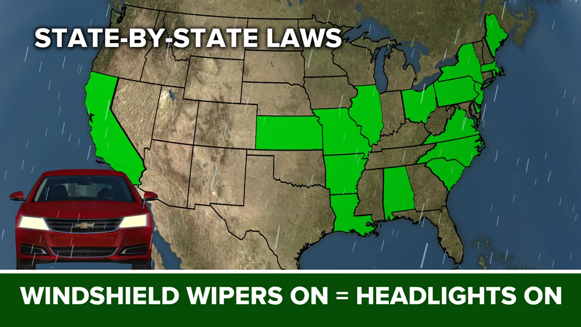 United States map headlight rain laws