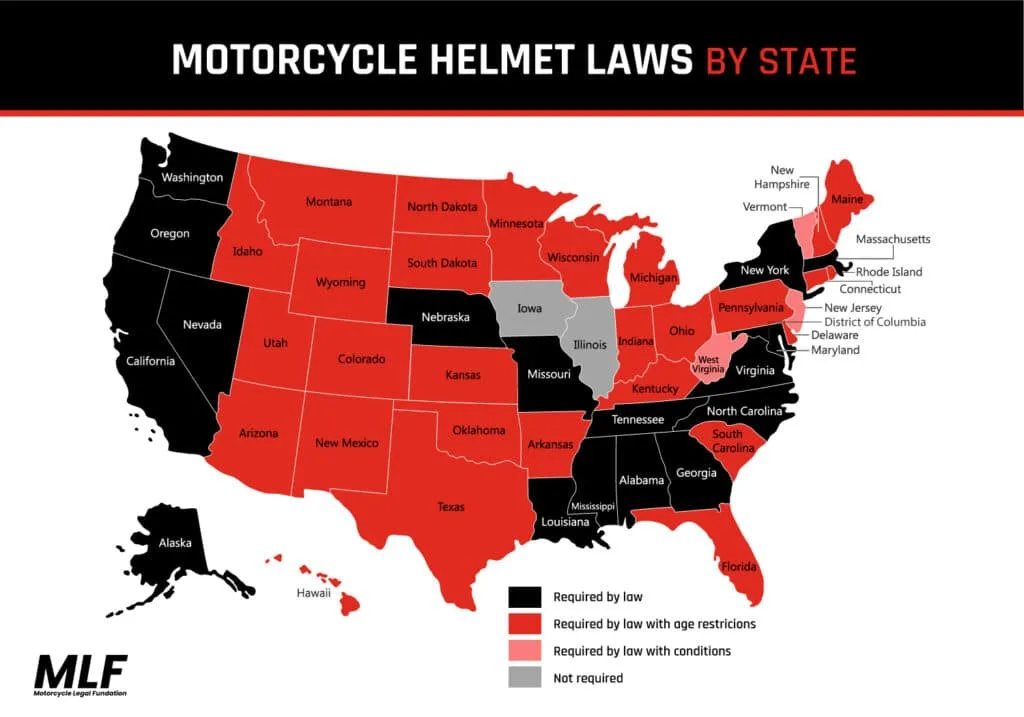 US motorcycle helmet laws by age map