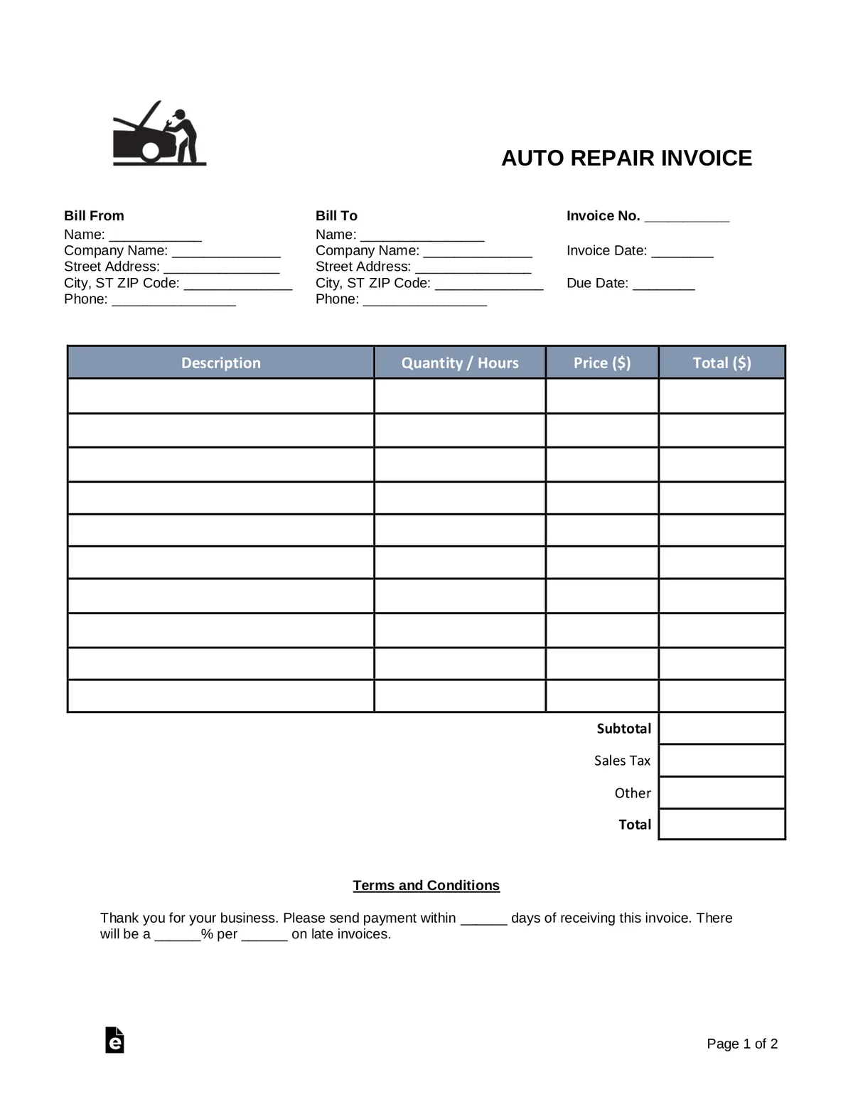 Vehicle repair invoice document