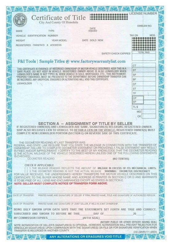 Car paperwork for shipping title and registration