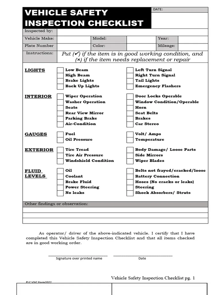 car safety inspection checklist diagram
