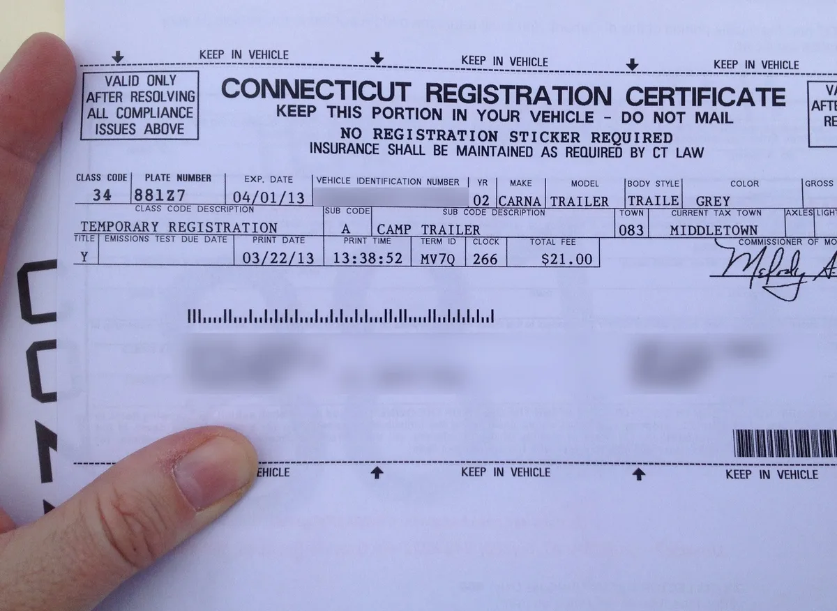 Connecticut car registration document