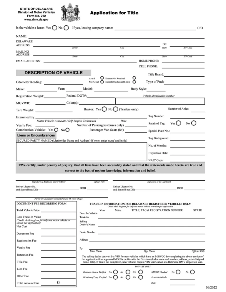 Delaware DMV vehicle document fee form