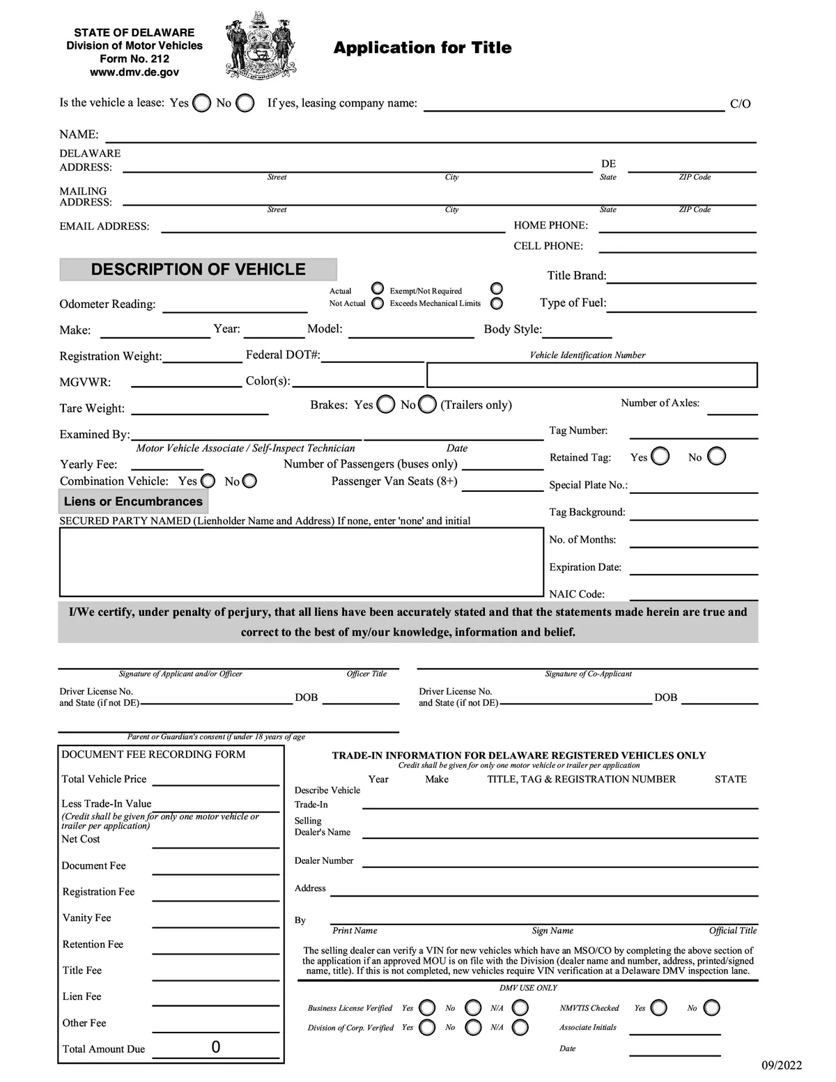 Delaware DMV vehicle document fee form