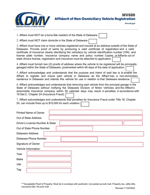 Delaware DMV vehicle registration paperwork