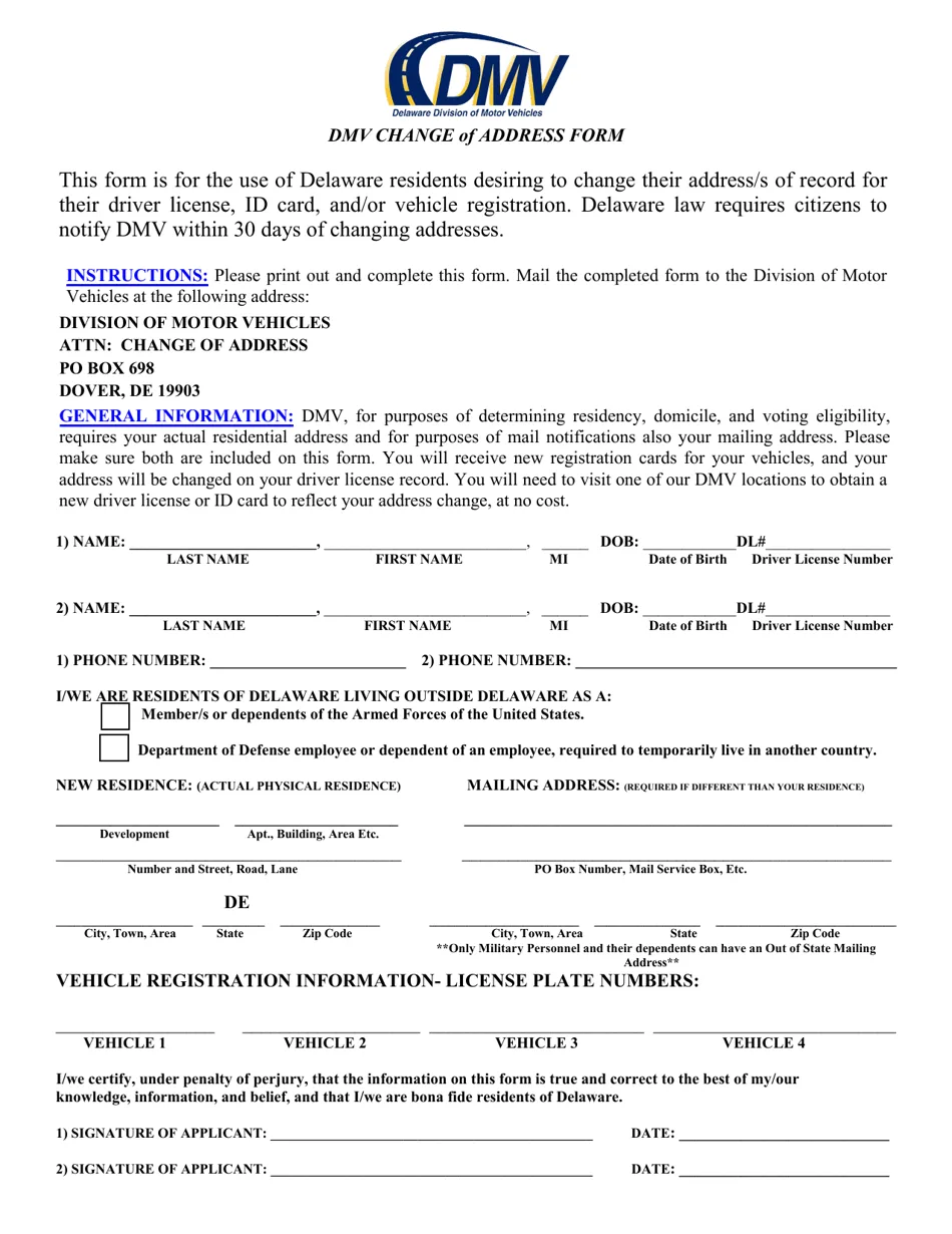 Delaware out-of-state vehicle registration paperwork