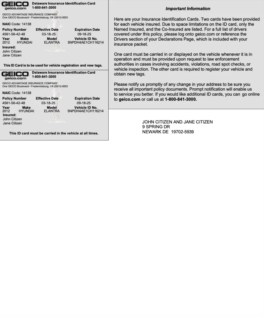 Delaware proof of insurance card