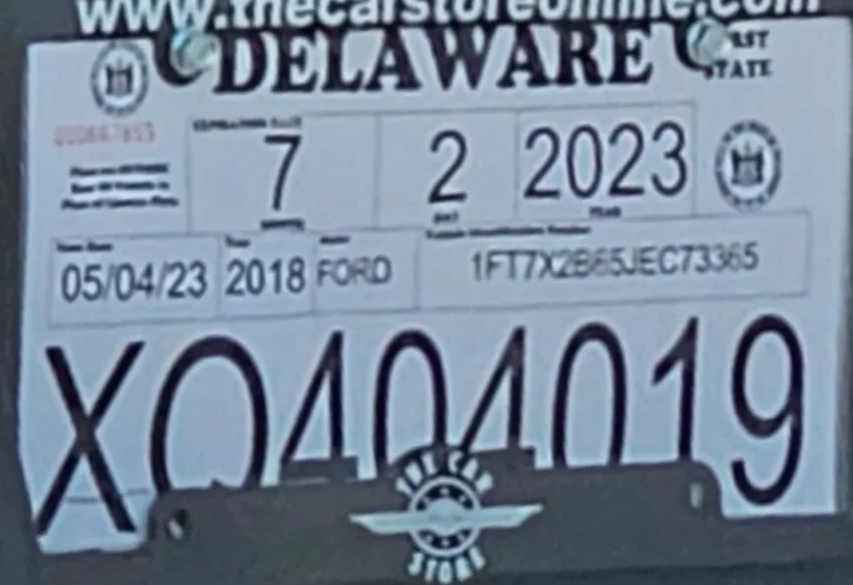 Delaware temporary vehicle tag example