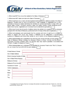 Delaware vehicle registration form with fee details