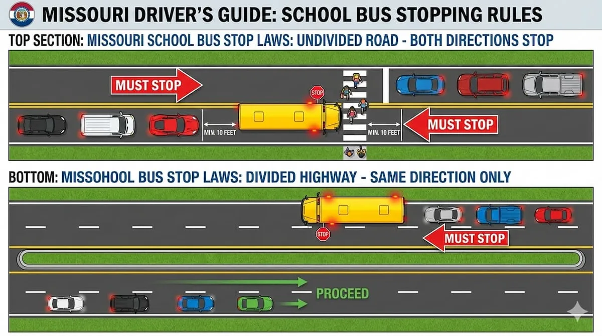 diagram of school bus stop law rules for divided vs undivided roads