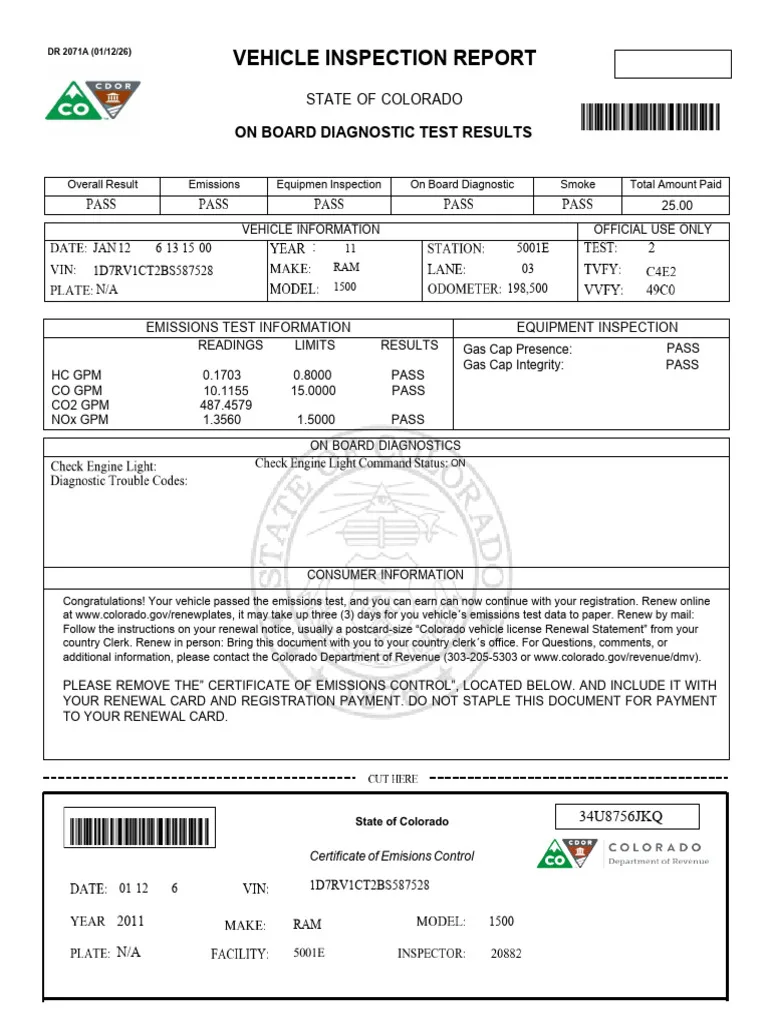 emissions test failure report