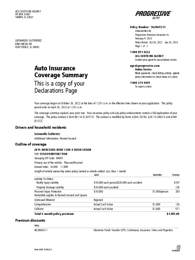 Florida auto insurance policy document