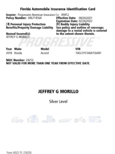 Florida car insurance documents with PIP and PDL proof