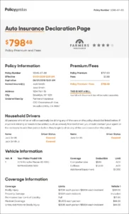 Florida car insurance policy document with PDL coverage