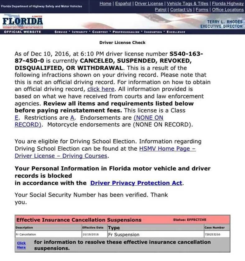 Florida license suspension notice for no insurance
