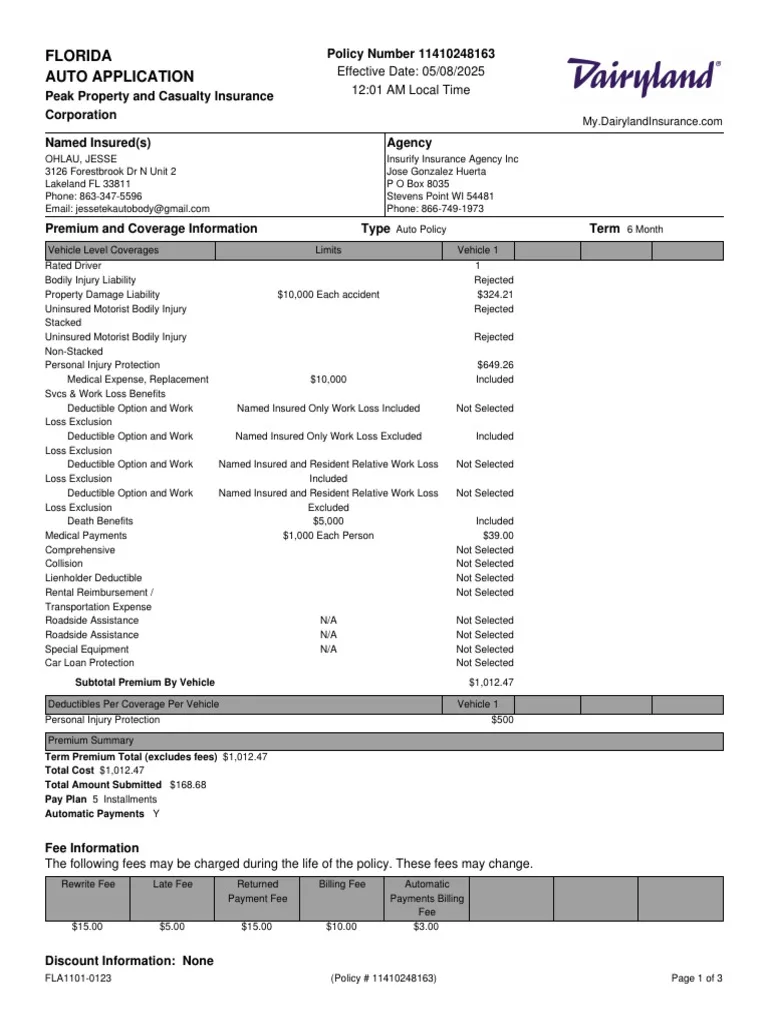 Florida PIP insurance document with $10000 coverage
