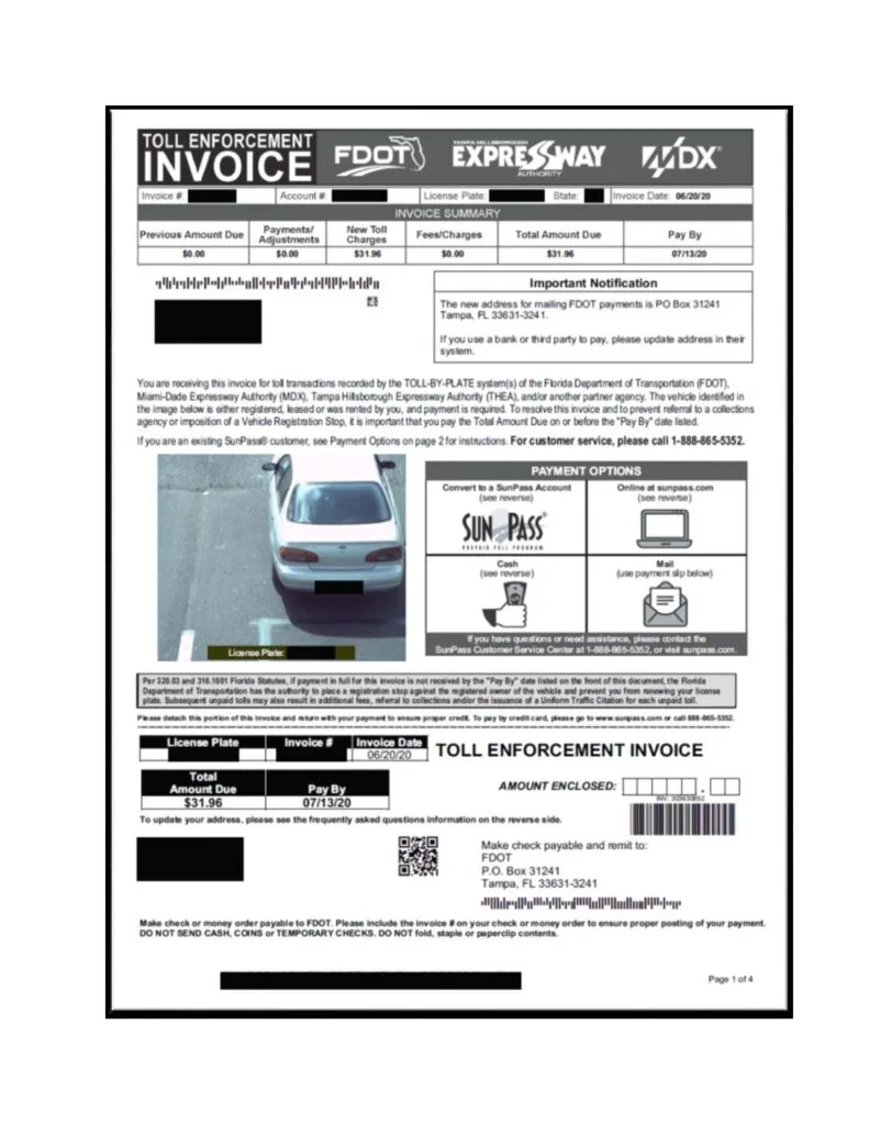 Florida toll invoice PlatePay