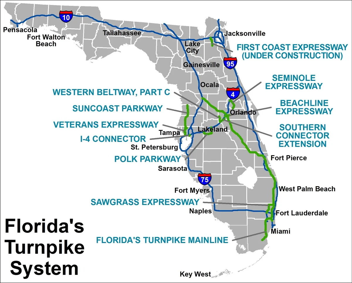 Florida Turnpike map with major exits and toll roads
