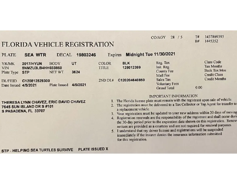 Florida vehicle registration paperwork