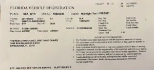 Florida vehicle registration renewal form and license plate