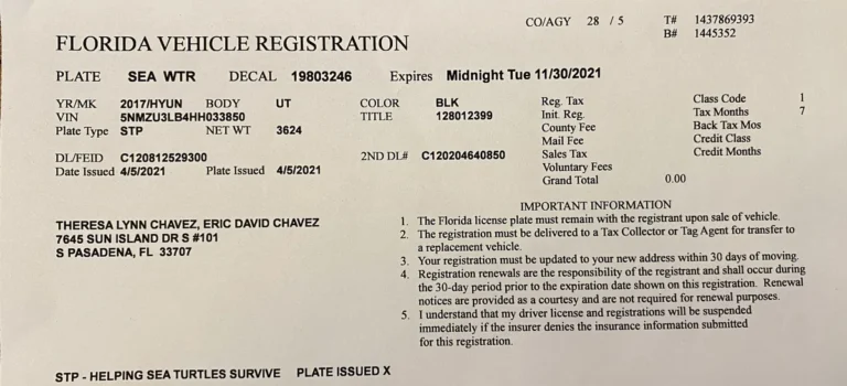 Florida vehicle registration renewal form and license plate