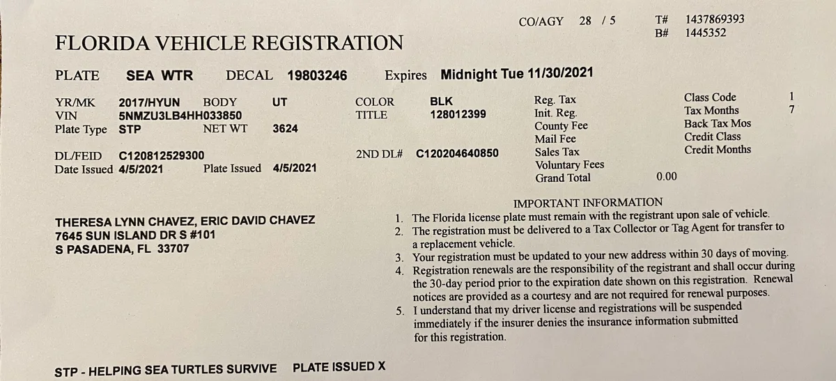 Florida vehicle registration renewal form and license plate