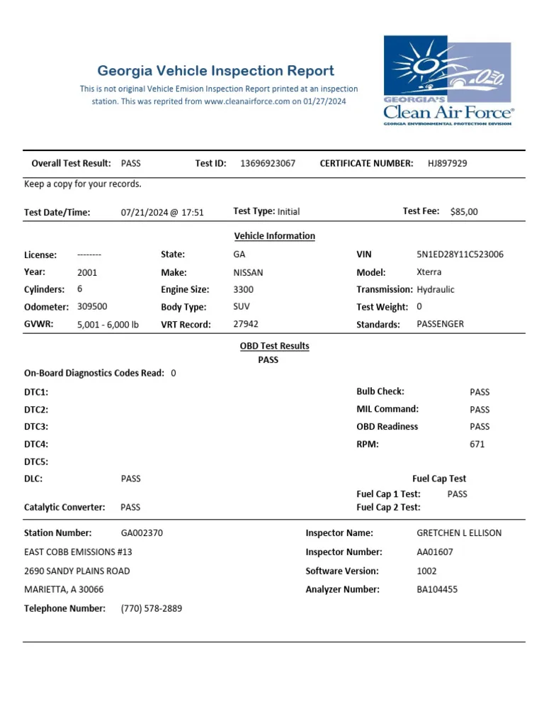 Georgia vehicle inspection certificate