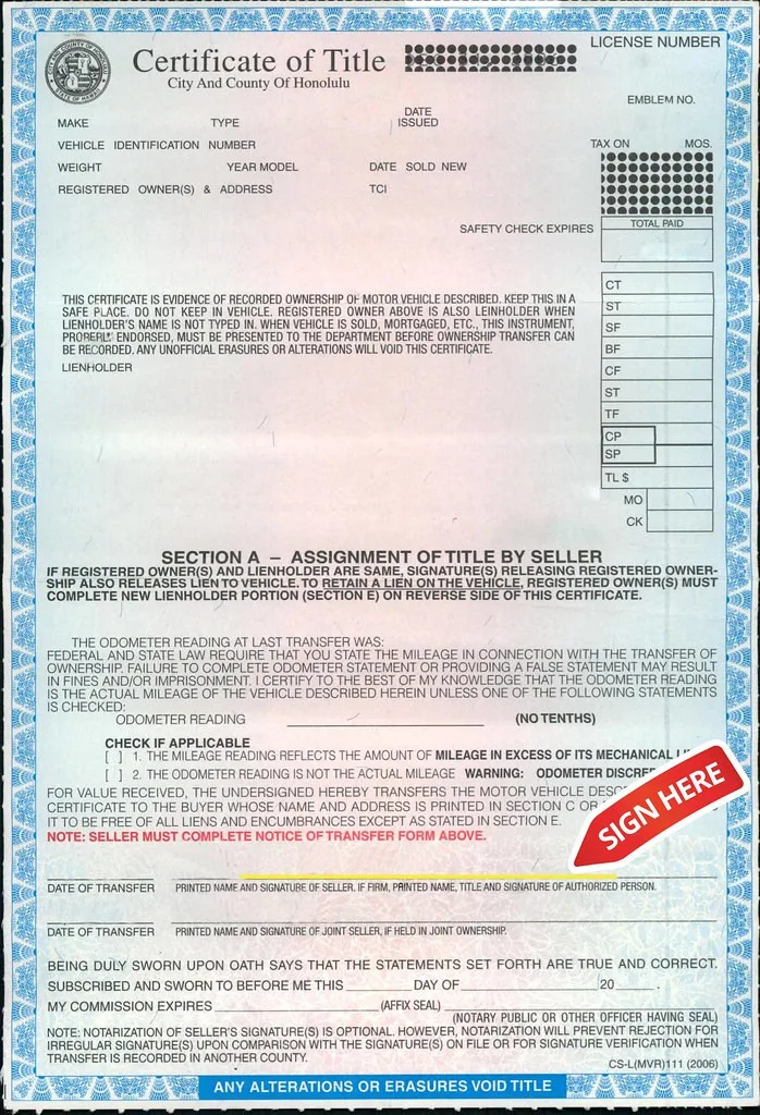 Hawaii vehicle registration document