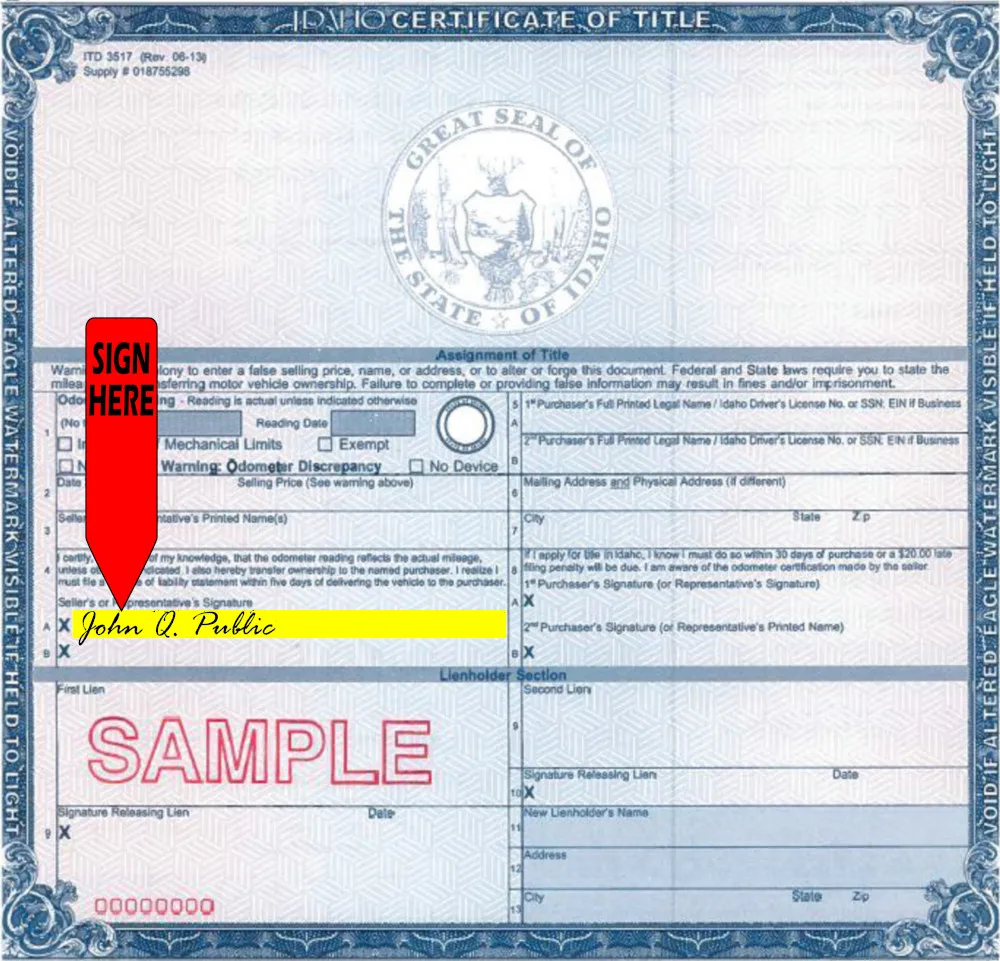 Idaho vehicle title document