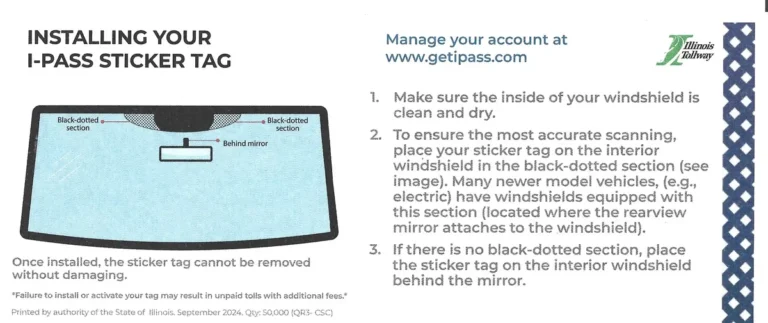 Illinois I-PASS sticker tag on car windshield