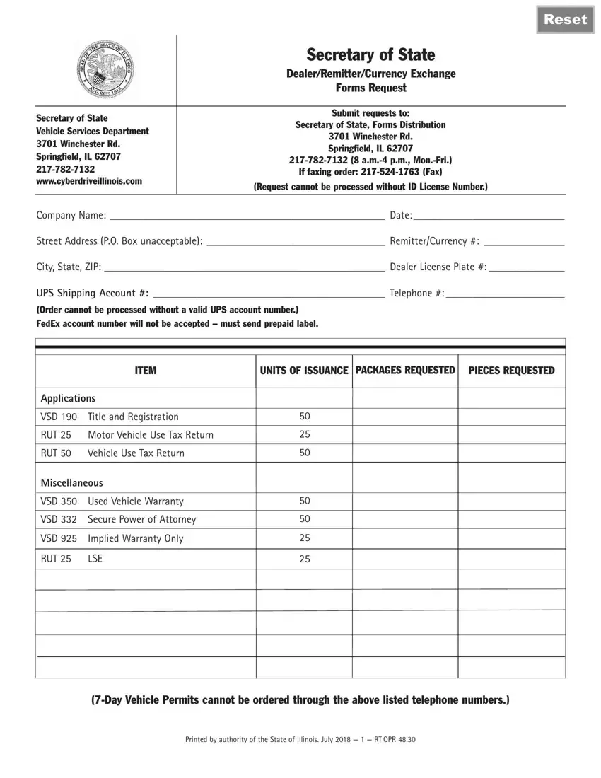 Illinois personalized license plate form VSD 190