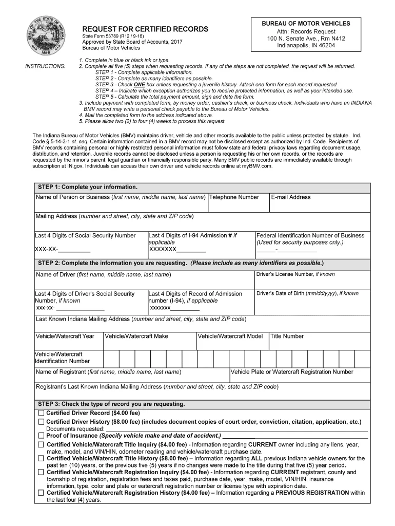 Indiana BMV military plate application form