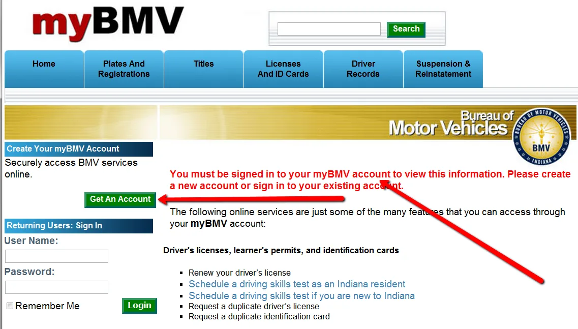 Indiana BMV myBMV portal screenshot
