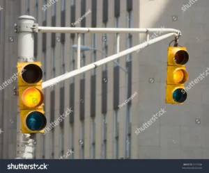 Indiana traffic signal with yellow light at intersection