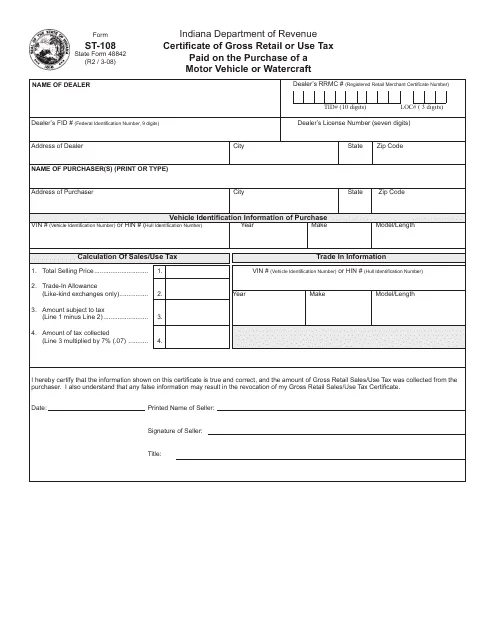 Indiana vehicle sales tax form ST-108