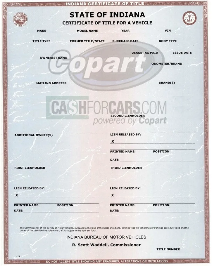 Indiana vehicle title with color field